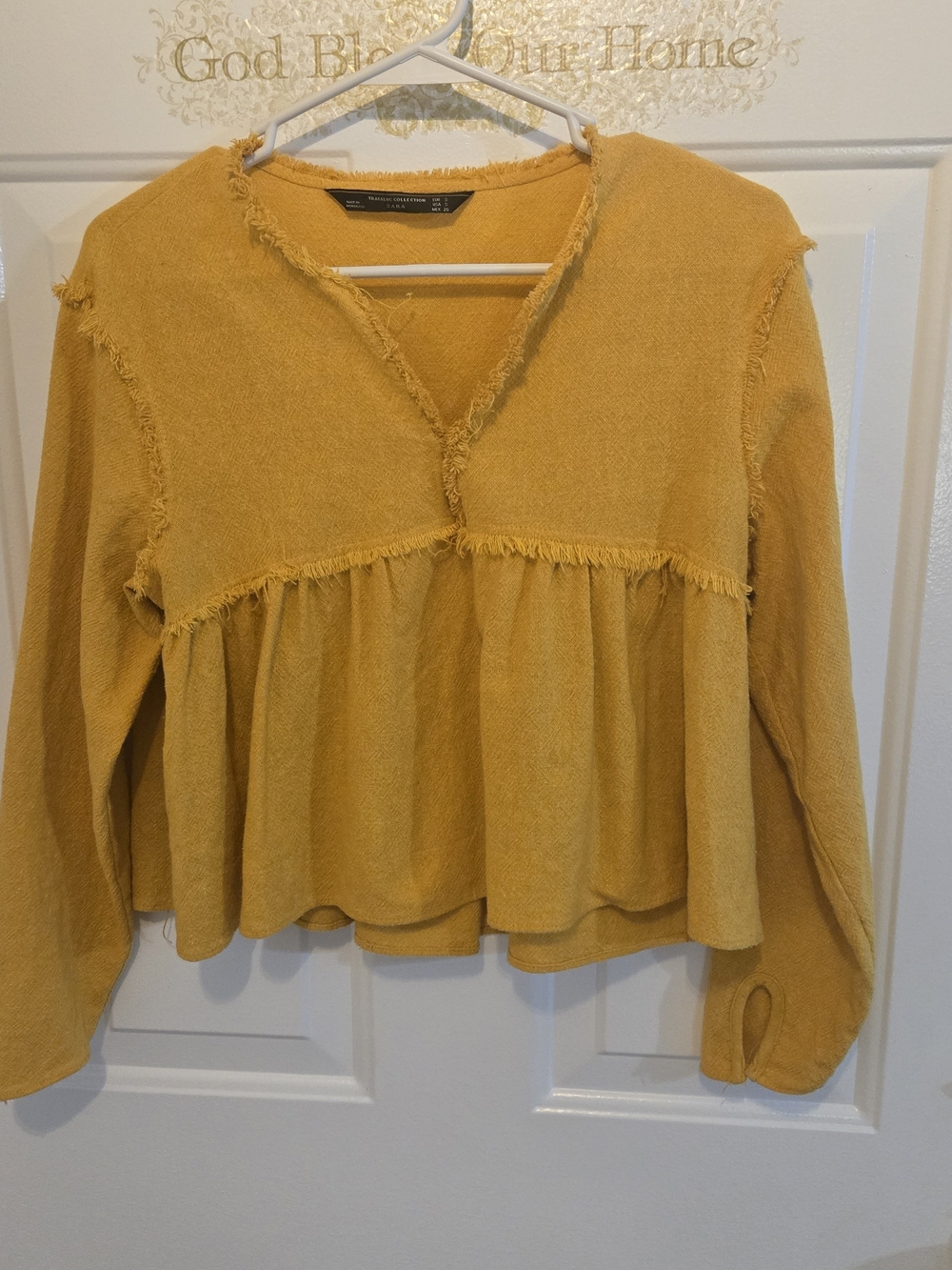 Zara Trafaluc Mustard Yellow  Frayed Boho Peplum Top Thumbholes Size S